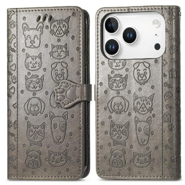 Funda Cartera FOXDOCK para iPhone 17 Pro , Flip PU con Relieve de Gatos y Perros, Tarjetero y Soporte
