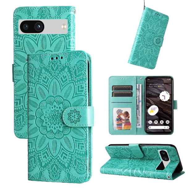 Funda tipo cartera FOXDOCK para Google Pixel 7A , diseño girasol en relieve, cuero PU, cierre magnético, soporte y tarjetero