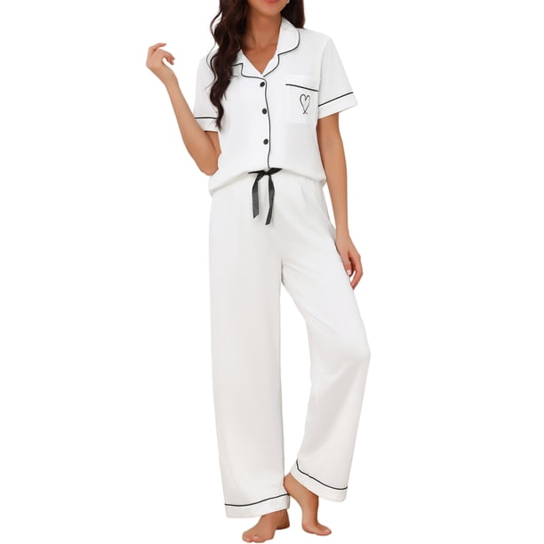 INSPIRE CHIC Conjunto de Pijama para Mujer Camisa de Botones con Lazo de Manga Corta y Pantalones Pijamas Suaves para Novias Conjunto de Dos Piezas para Descanso L Blanco