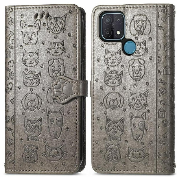 Funda Cartera FOXDOCK para OPPO A15 , Flip PU con Relieve de Gatos y Perros, Tarjetero y Soporte