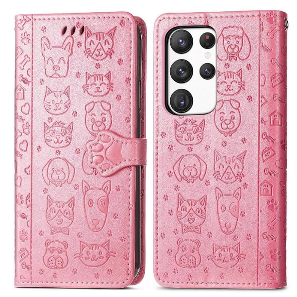 Funda Cartera FOXDOCK para Samsung Galaxy S23 Ultra , Flip PU con Relieve de Gatos y Perros, Tarjetero y Soporte