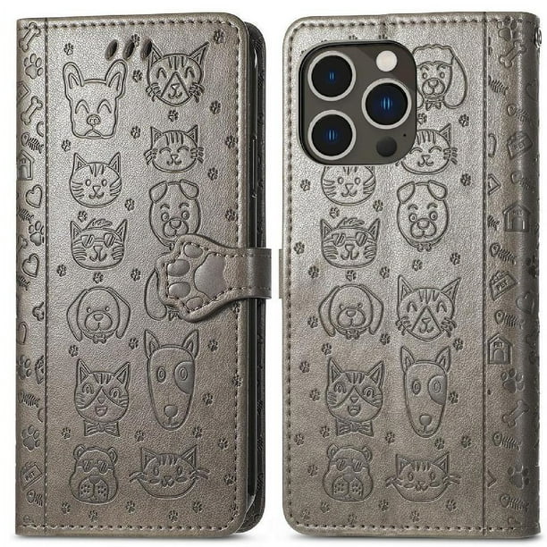 Funda Cartera FOXDOCK para iPhone 14 Pro , Flip PU con Relieve de Gatos y Perros, Tarjetero y Soporte