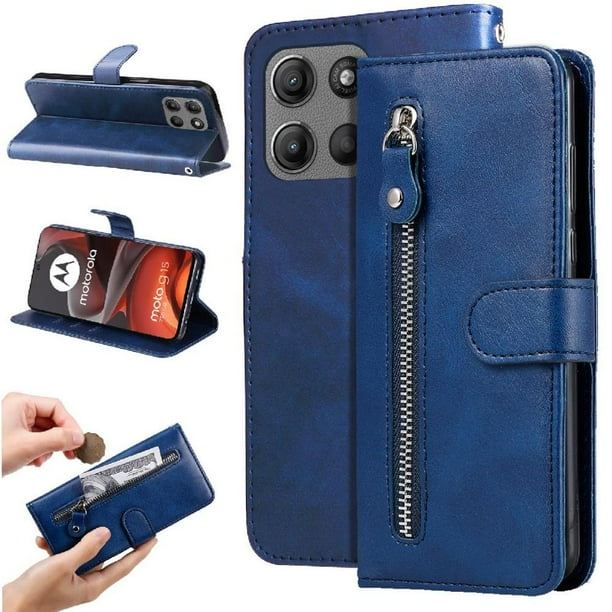 Funda con Cremallera para Motorola Moto G15 Power, Carcasa Cartera de Cuero PU con Soporte y Tarjetero