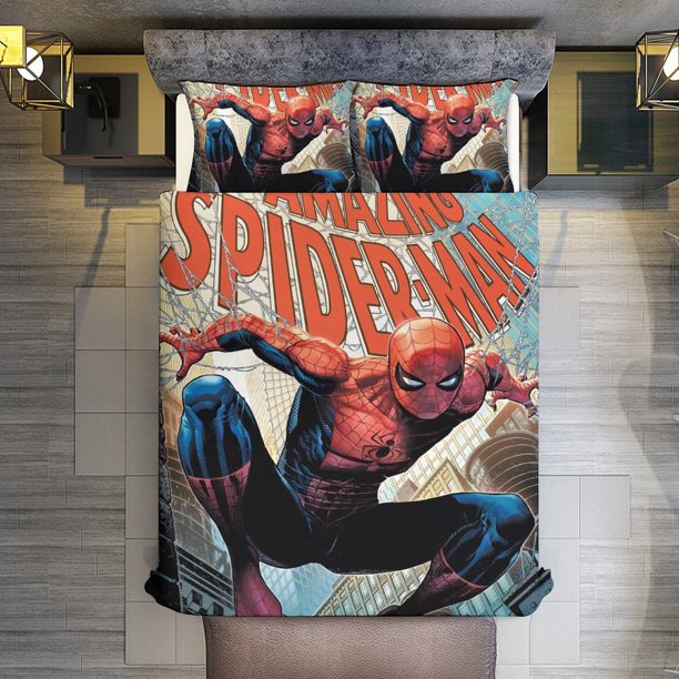 The Amazing Spider-Man 3 Piece Sets Full/Queen Size - Reversible Microfiber Quilts with 2 Shams Soft Lightweight Bedspread Coverlet Comforter for All Season Bed Sheets