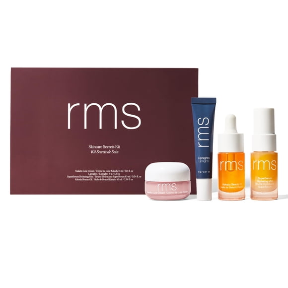 Set de cuidado de la piel RMS Beauty Skincare Secrets Kit con aceite de belleza Kakadu, crema Kakadu Luxe, bruma hidratante SuperSerum y mascarilla labial Lipnights