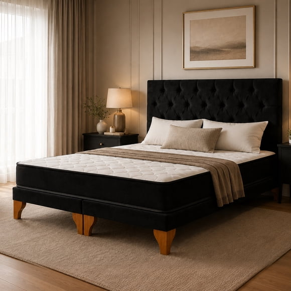 Cama europea Kumara 2 plazas con colchón híbrido y respaldo capitoné negro en felpa 150x190 cm