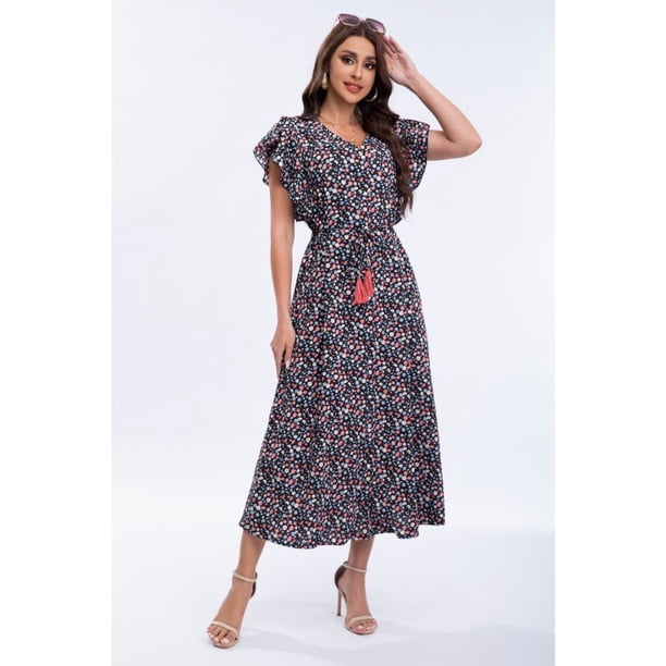 Vestido Largo Primavera Mujer Manga Corta Cuello V Calidad 271