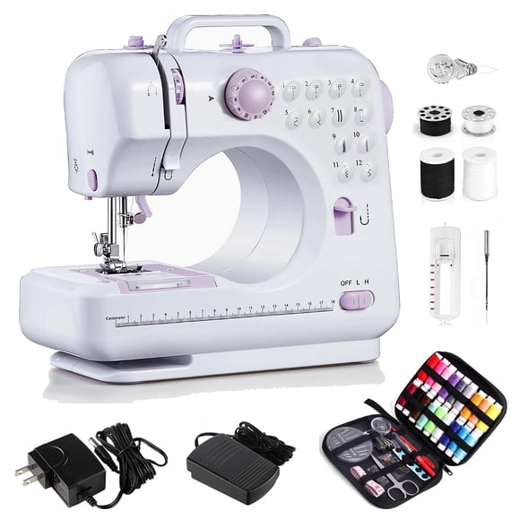 Máquina de coser para principiantes, 12 puntadas incorporadas, 2 velocidades, pedal, diseño portátil con kit de costura (morado)