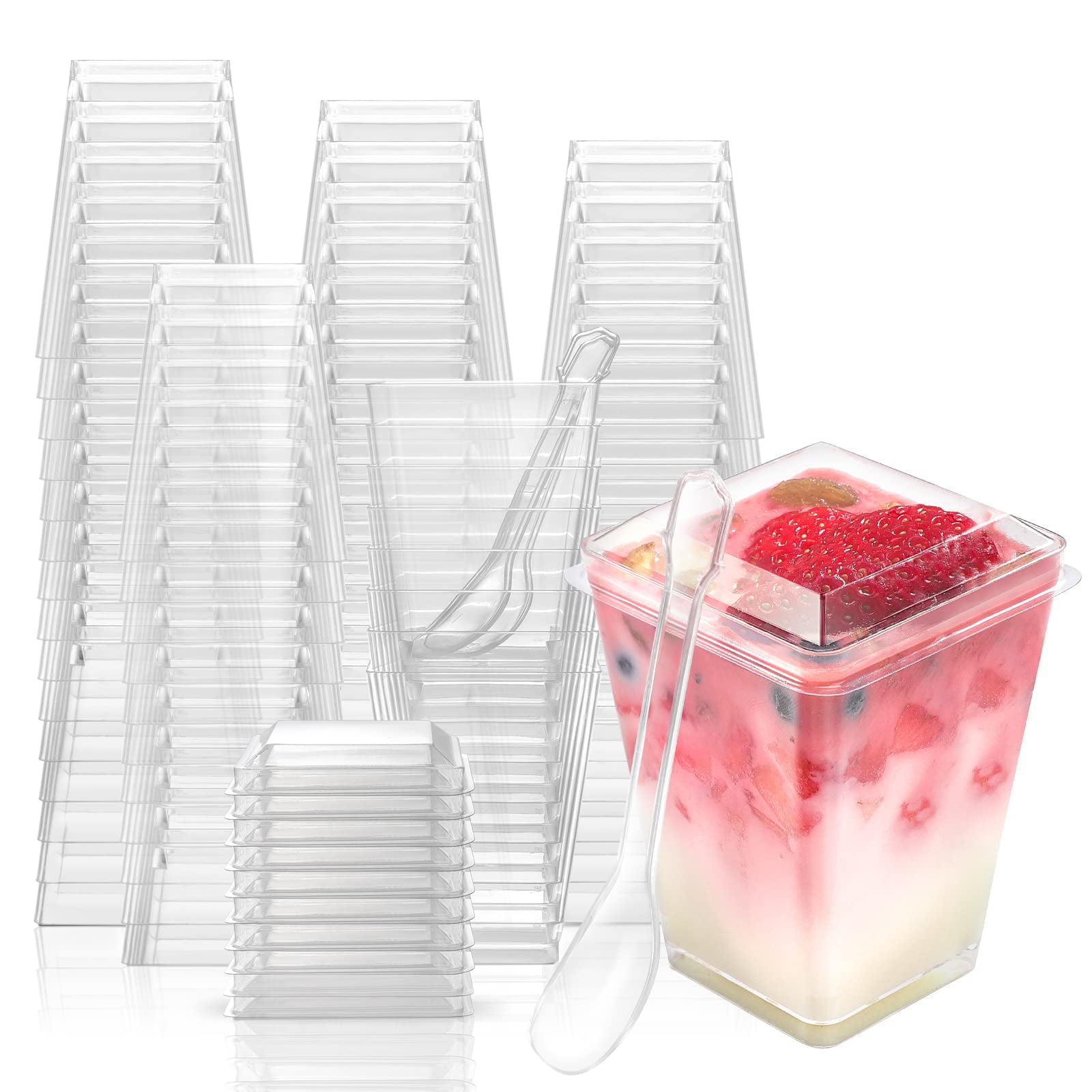 Vasos De Plástico Para Postres Easercy, Paquete De 100 Unidades, 150 Ml, Con Tapas Y Cucharas