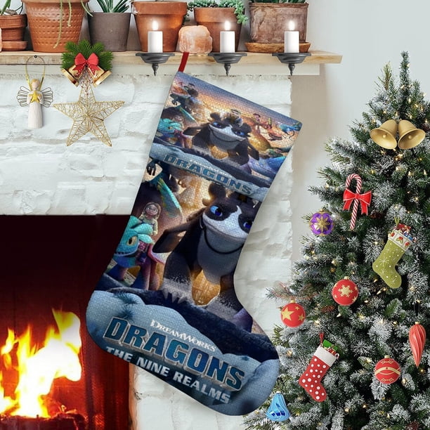 Cómo Entrenar a Tu Dragón 4 Tema: Calcetines de Navidad, fino lino blanco para colgar en escaleras y chimenea, decoración navideña para el hogar, regalo de Navidad. 45cm × 32cm