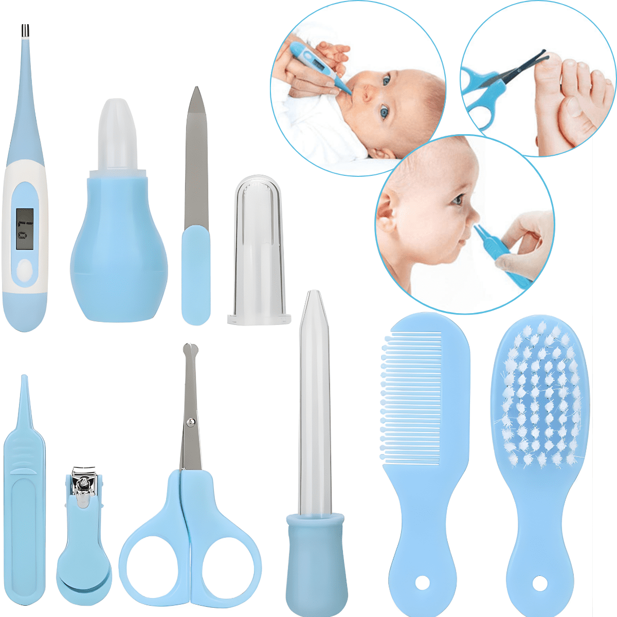 Genérica - Set Azul Para Cuidado Higiene Bebé 10en 1 Cepillo Cortaúñas Termómetro