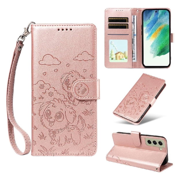 Funda Cartera para Samsung Galaxy S21 FE Perro Cachorro Grabado con Tarjetas Soporte Correa Rosa