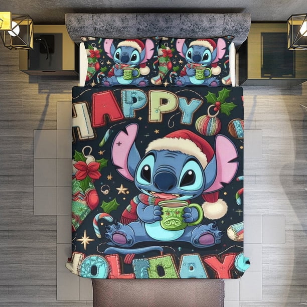 HAPPY HOLIDAYS Stitch 3 Pieces Duvet Cover Set Full Size Super Soft Fade Resistant Microfiber