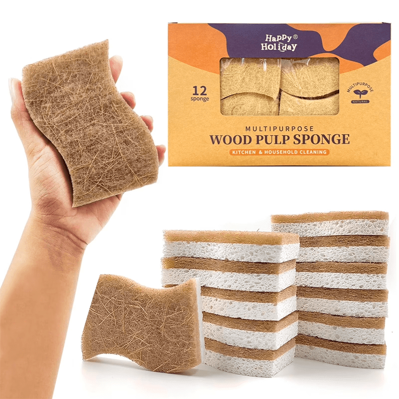 Wakeshome - Pack 12 Esponjas De Cocina Naturales Esponja De Fregado De Celulosa Y Coco Biodegradable