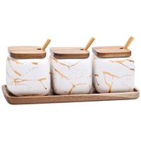 Xusx111 - 3 Piezas Tazones De Azúcar Cerámica Café Tarro Conjunto Tarro De Condimento De Cerámica Con Cuchara De Tapa Y Bandeja / Lata De Almacenamiento De Alimentos