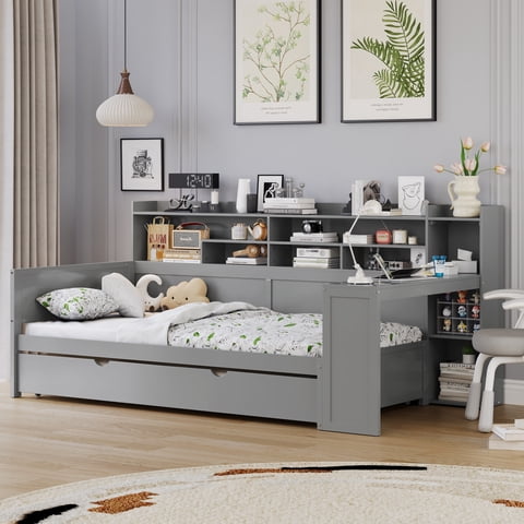 M&Ms - Wooden Twin Size Daybed With Storage Shelves, Multi-Functional Bed With Twin Size Trundle Bed And Study Desk, Gray