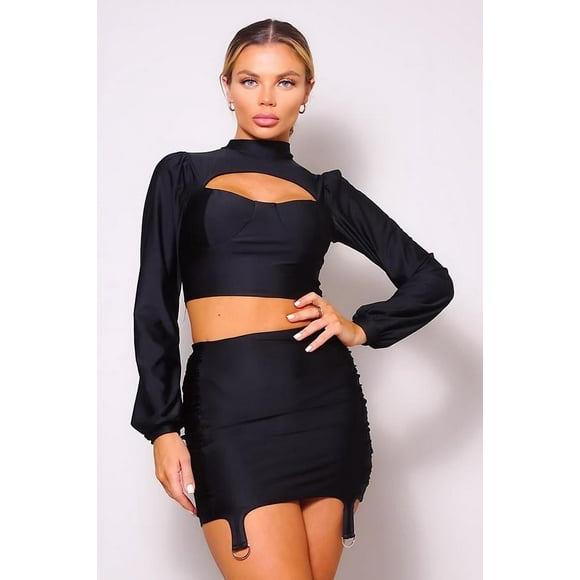 Conjunto de Blusa de Cuello Alto y Minifalda con Liga Fruncida en los Laterales