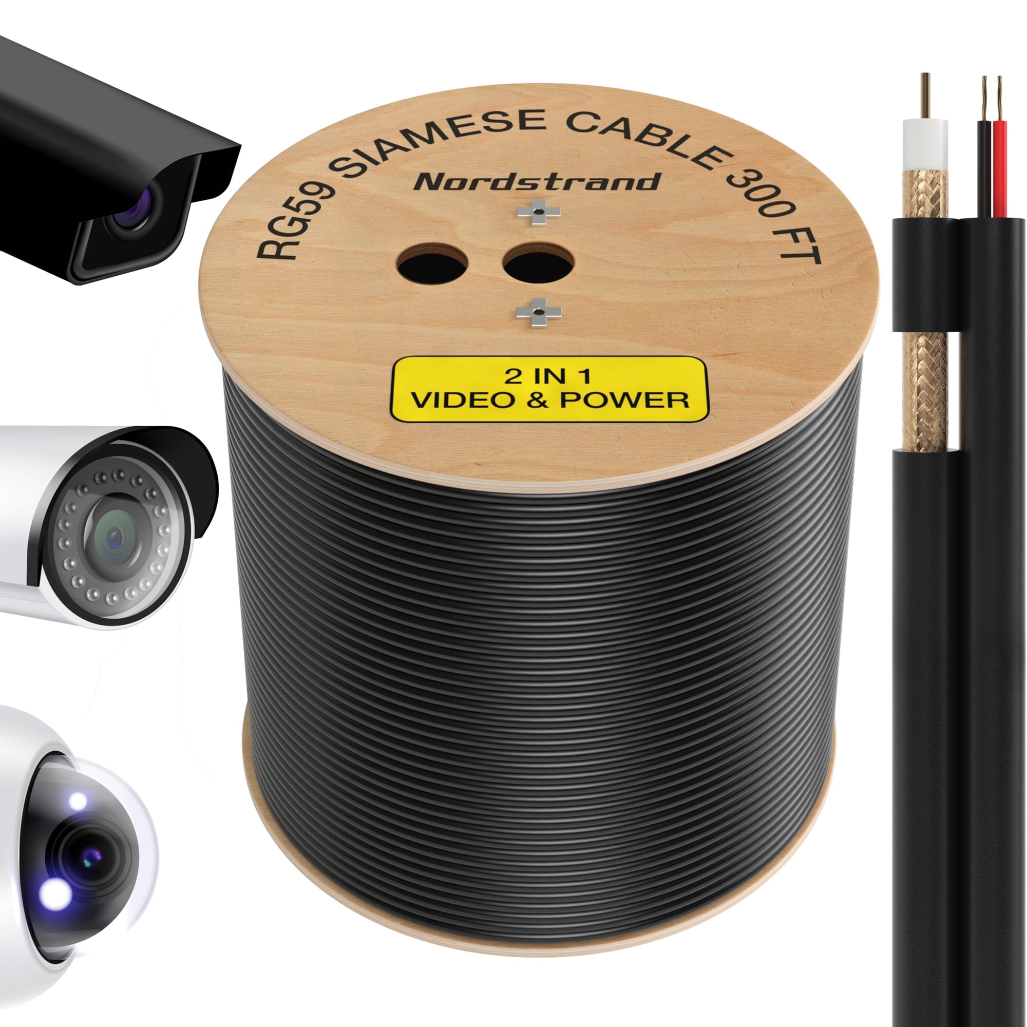Cable Siamés Nordstrand Rg59 De 300 Pies Para Cámara De Seguridad Cctv