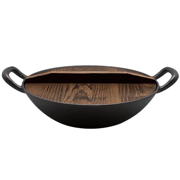 Wok Con Tapa De Madera 2 Piezas Hierro Fundido Negro