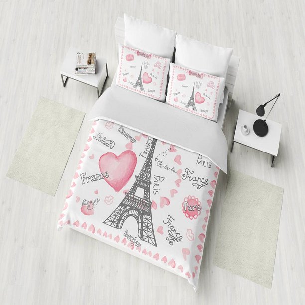 x589 Bed SheetsLovers Letters Eiffel Tower Hearts Romantic Duvet Cover Set Full Twin Size Bed Linen Set 3-Piece Bedding Set (1 Duvet Cover + 2 Pillow Shams) nj589