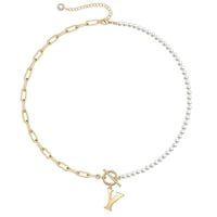 Collar Heshpaws Gold Initial Pearl 14K Gold Plated Paperclip Link Cadena Ajustable