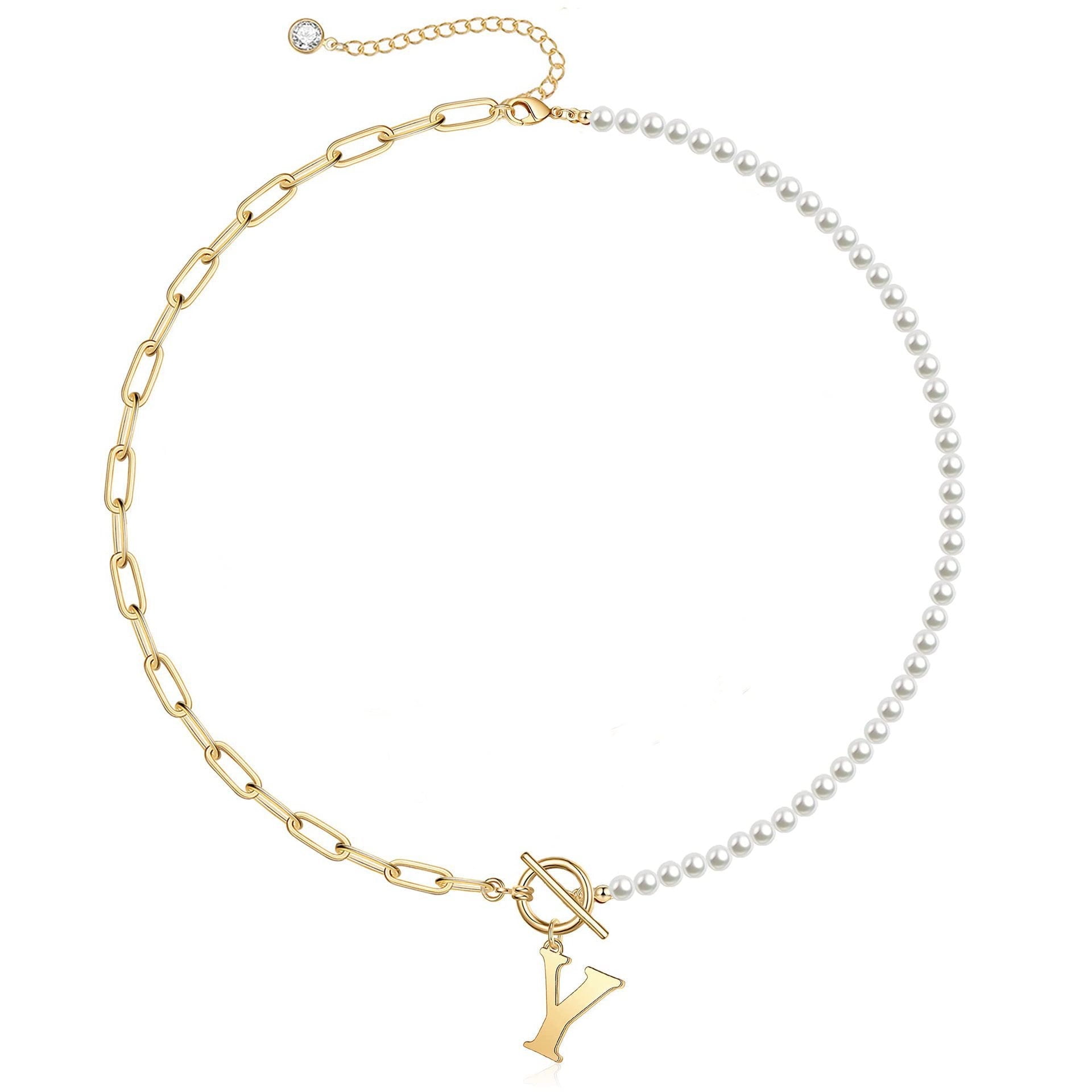Collar Heshpaws Gold Initial Pearl 14k Gold Plated Paperclip Link Cadena Ajustable