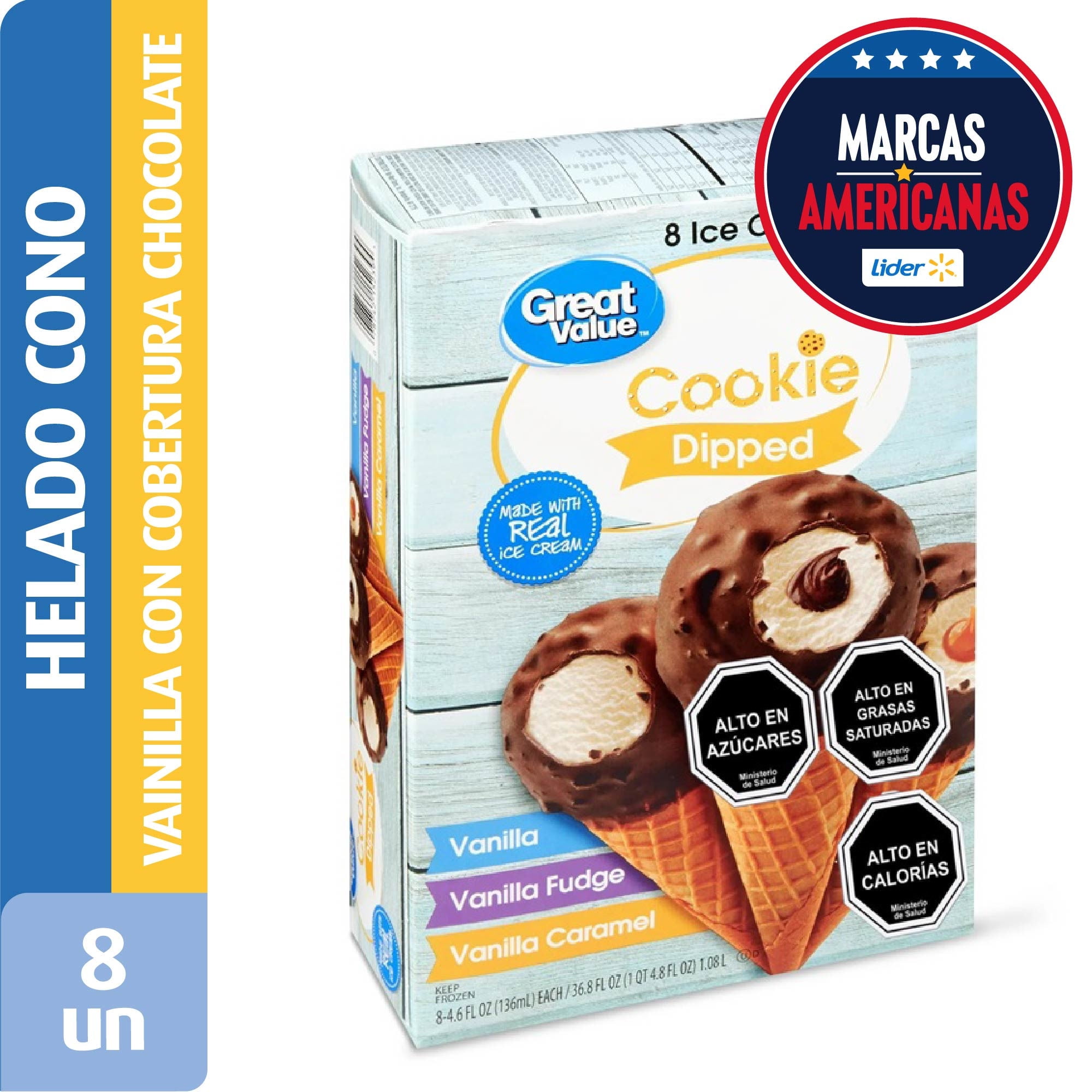 Helado Cono Sabor Vanilla Con Cobertura De Chocolate Variedades 8 Un Caja 1,08 L Great Value