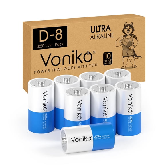 Batería Voniko Ultra Alkaline D de 1,5 V, paquete de 8 unidades, 10 años de vida útil