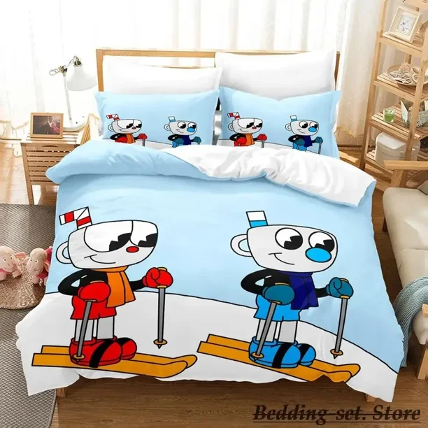 v118 Bed Sheets Game Cuphead Mugman Bedding Set Cartoon Anime three-piece set Adult Kid Bedroom Duvetcover Sets Kawaii cama de casal 3-Piece Bedding Set (1 Duvet Cover + 2 Pillow Shams) Bed Sheets ju