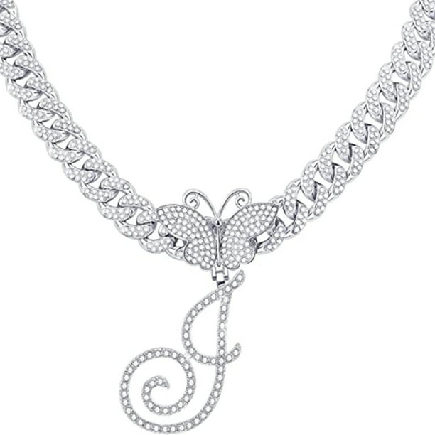 Stylish Hip Hop Cuban Butterfly Necklace with White Letter Initials