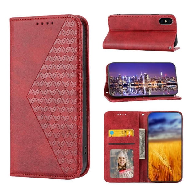 Funda Flip FOXDOCK para iPhone XS Max , Estilo Billetera con Diseño Rombo, Correa de Mano y Soporte, Uso Diario