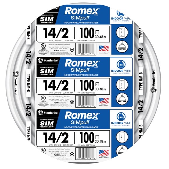 Cable Southwire Romex, marca Simpull, sólido, para interiores, 14/2 W/G, NMB, bobina de 100 pies