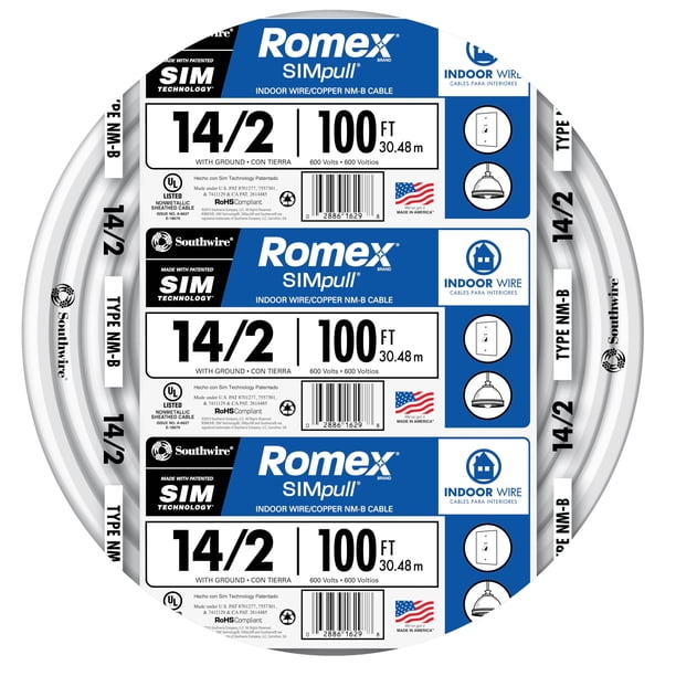 Cable Southwire Romex, marca Simpull, sólido, para interiores, 14/2 W/G, NMB, bobina de 100 pies