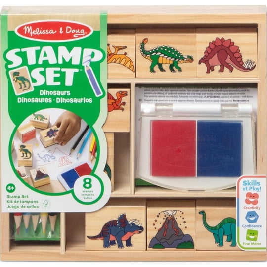 Melissa & Doug Wooden Stamp Set Dinosaurs, 8 Sellos Y 5 Lápices De Colores