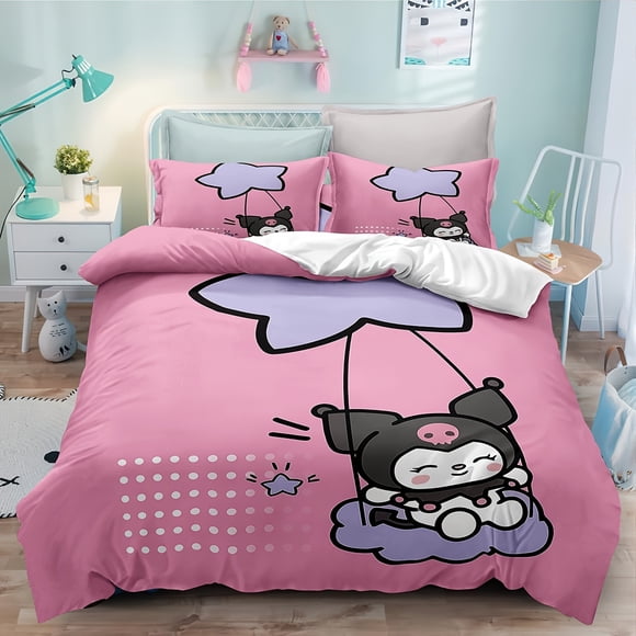 Kuro-mi 3-Piece- Bedding S-et Suit Includes 1- One down Qu-ilt Co-ver and 2 One Pi-llowcases M-achine Wa-shable Cartoon Prin-t 10-0% P-olyester Invisible Zi-per Clos-ure Sui-table for All Season