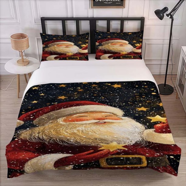 3pcs Santa Golden Star Themed Bedding Set Including Duvet Cover And Pillowcases Soft And Comfortable