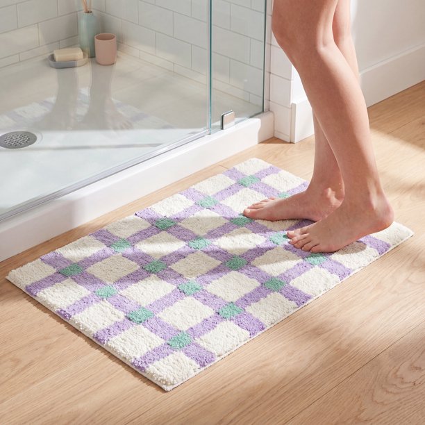 REGALWOVEN Alfombrillas de Baño Antideslizantes a Cuadros, Alfombras de Baño Suaves y Absorbentes para Ducha, Lavabo Púrpura Verde 16" x 24"
