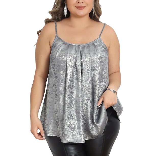 Agnes Orinda Mujeres Tallas Grandes Escuela Universidad Tops de Lentejuelas Brillantes Tirantes Espagueti Camisa de Fiesta Plisada Club Brillante Cami 3X Plata