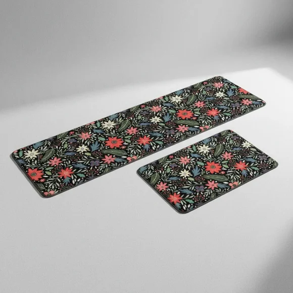 Alfombra De Cocina Antideslizantes Y Lavables Verde Con Rojo Florecita