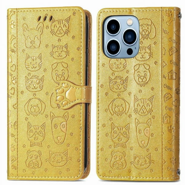 Funda Cartera FOXDOCK para iPhone 13 ProMax , Flip PU con Relieve de Gatos y Perros, Tarjetero y Soporte