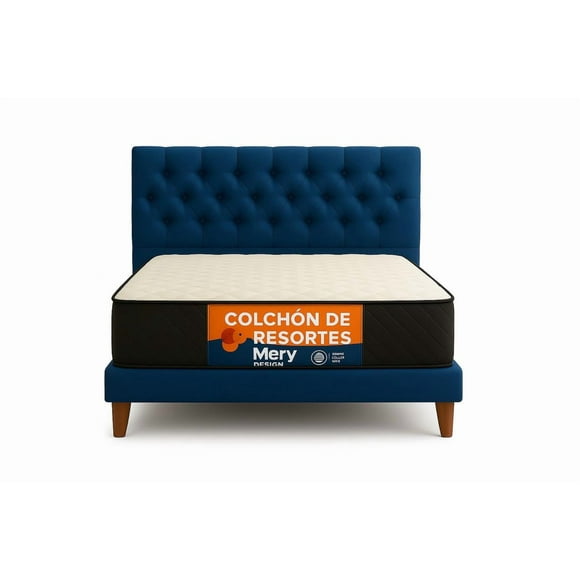 Cama 1.5 plaza + Respaldo 1.5P Capitone Azul Capitone + Colchón 1.5P Mery Desing