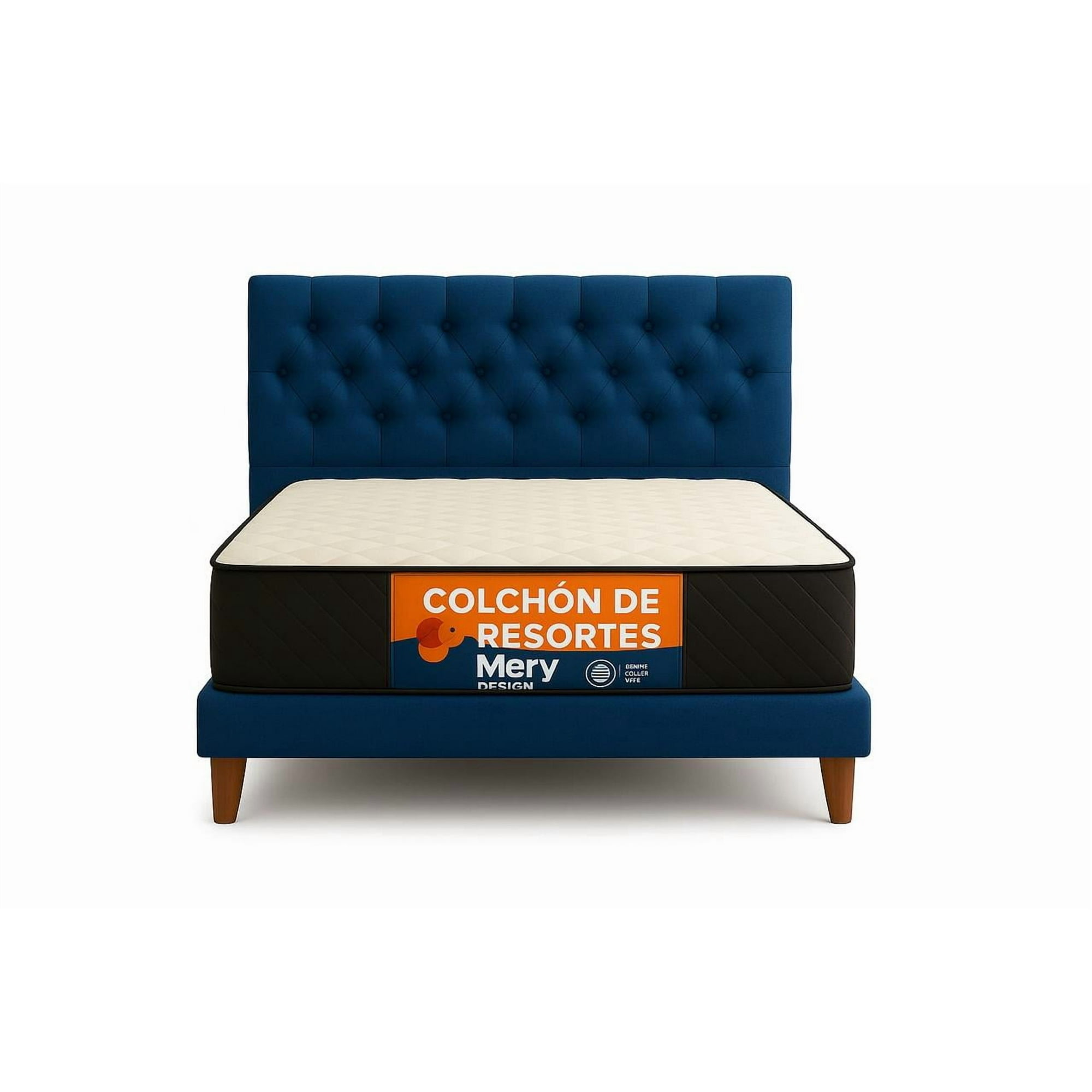 Ethan Desing - Cama 1.5 Plaza + Respaldo 1.5p Capitone Azul Capitone + Colchón 1.5p Mery Desing