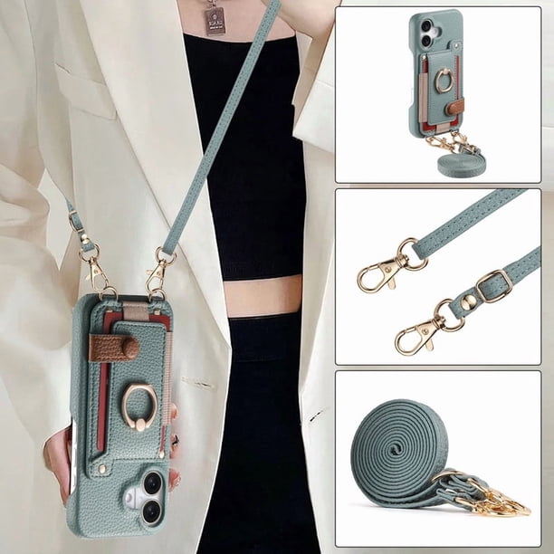 Funda Para Iphone Azul Con Tarjetero Anillo Soporte Y Correa Cruzada Desmontable Mujer
