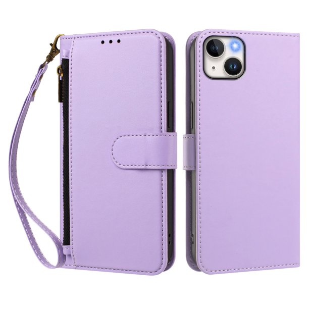 Funda Tipo Billetera para iphone14 Plus con Soporte y Bolsillo con Cierre Morado