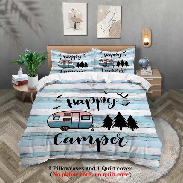v1547 Bed Sheets pcs Happy Camper Pattern Printed Bedding Set, Suitable For Teenagers And Adult's Bedroom, Camping, *Duvet Cover+*Pillowcase 3-Piece Bedding Set (1 Duvet Cover + 2 Pillow Shams) Bed Sh
