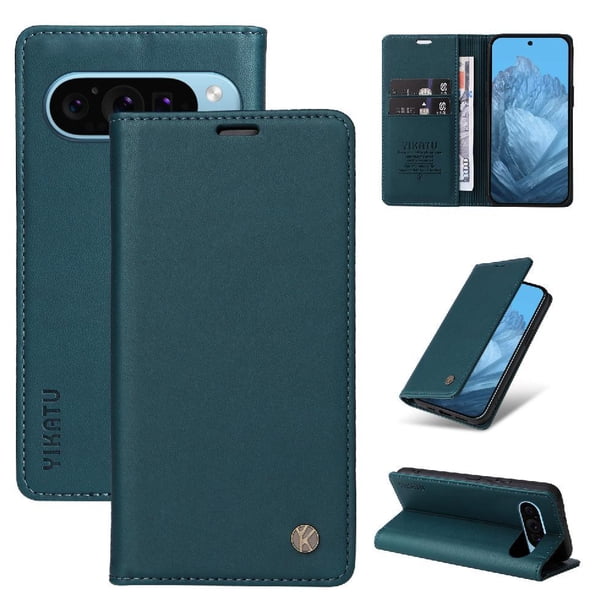 Funda Billetera de Cuero para Google Pixel 9 5G con Tarjetero y Soporte - Tapa Magnética Azul
