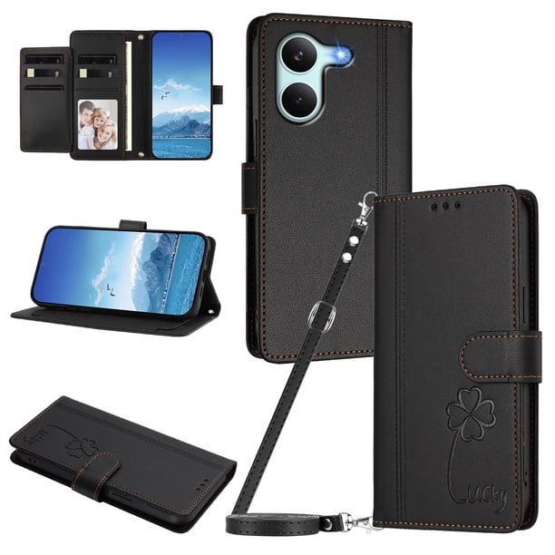 Funda Cartera Trébol para Xiaomi Poco X8 Pro con Ranuras Tarjetas y Carga Inalámbrica Negro