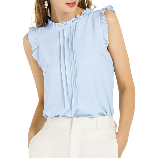 INSPIRE CHIC Blusas sin mangas para mujer de regreso a clases, blusas de trabajo con volantes y pliegues, tops elegantes azul L