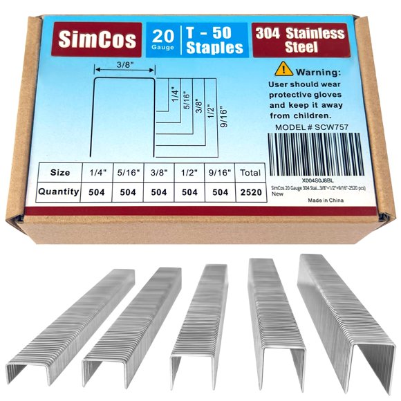 Grapas SimCos T-50 de calibre 20, acero inoxidable 304, 2520 unidades