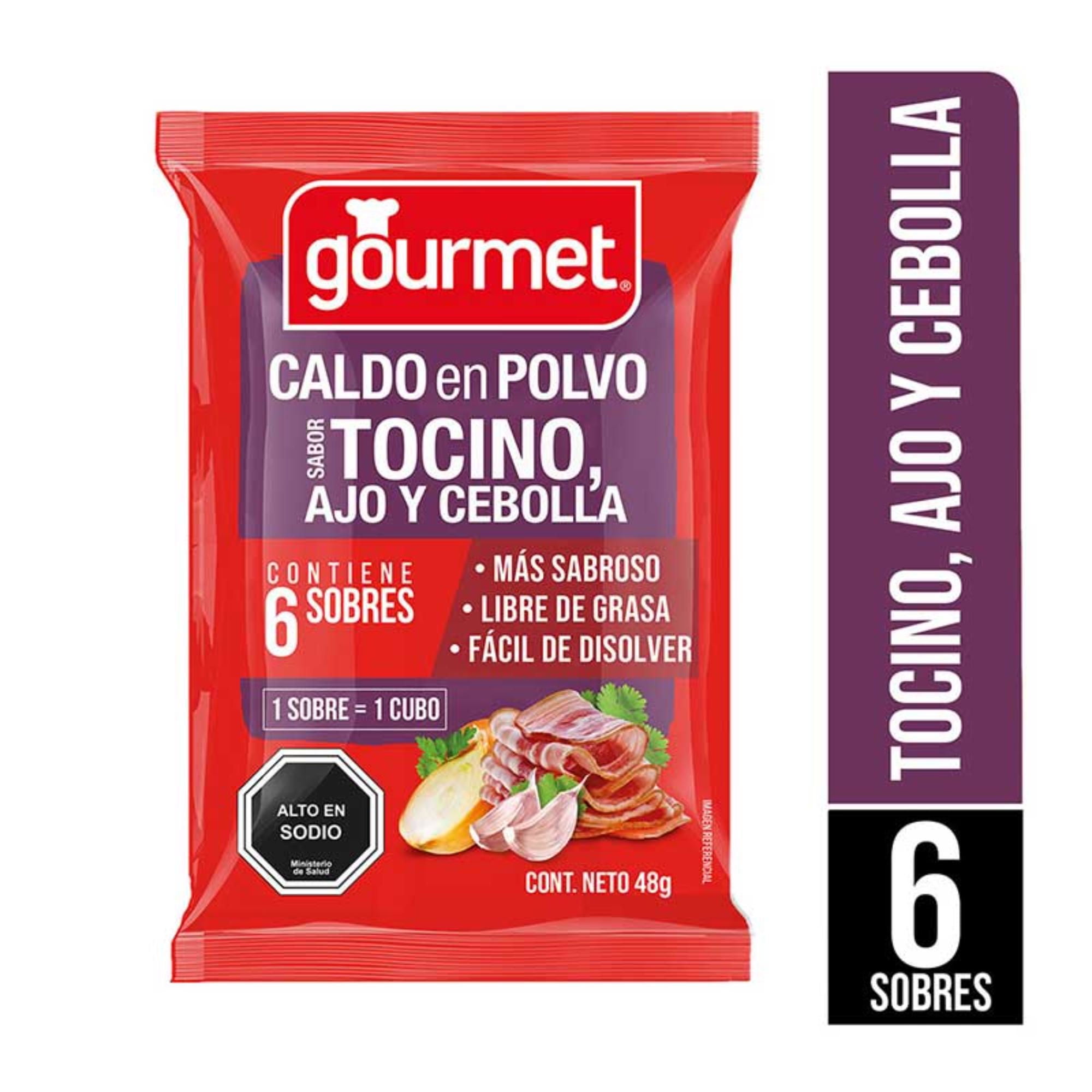 Caldo En Polvo Sabor Tocino Ajo Y Cebolla (6 Sobres) Bolsa 48 g Gourmet